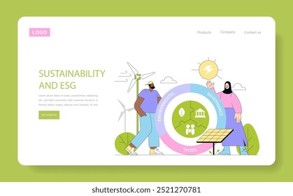 Sustainability and ESG concept. Promoting environmental responsibility and governance through clean energy. Diverse characters engaging with renewable sources. Vector illustration.