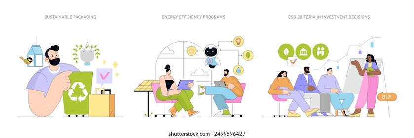 Sostenibilidad y concepto ASG. Persona que practica el reciclaje, IA en el ahorro de energía, inversores que utilizan criterios ASG. Defensores de los negocios ecológicos. Ilustración vectorial.