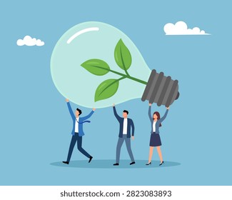 Sustainability, ESG, eco environment friendly or clean energy solution, green renewable power, reuse or recycle ecosystem, green corporate concept, people employees carry ESG, sustainable lightbulb.