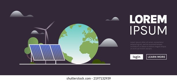 Sustainability and esg, green, energy, sustainable industry with windmills and solar energy panels, environmental, social, corporate governance concept flat vector illustration.