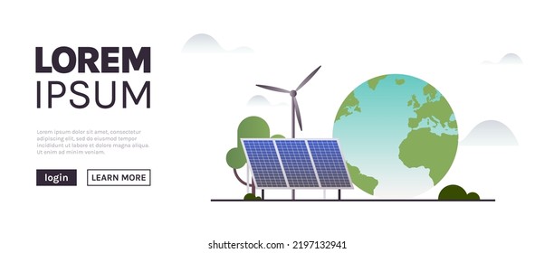 Sustainability and esg, green, energy, sustainable industry with windmills and solar energy panels, environmental, social, corporate governance concept flat vector illustration.