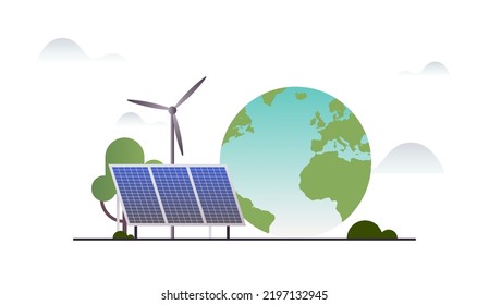 Sustainability and esg, green, energy, sustainable industry with windmills and solar energy panels, environmental, social, corporate governance concept flat vector illustration.