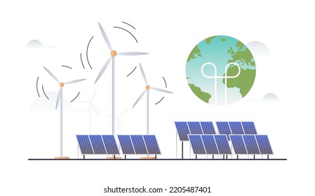 Sustainability and esg, green, energy, sustainable industry with windmills and solar energy panels, environmental, social, corporate governance concept flat vector illustration.