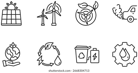 Sustainability ESG icon set. Thin line editable stroke icons for renewable energy, recycling, environmental impact, carbon footprint, green practices, water reuse, and planet care