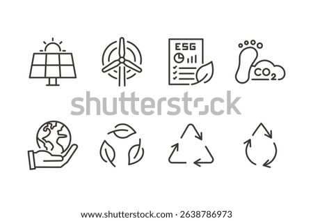 Sustainability ESG icon set. Thin line editable stroke icons for renewable energy, recycling, environmental impact, carbon footprint, green practices, water reuse, and planet care