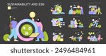 Sustainability and ESG set. Diverse people engage in green practices and corporate responsibility actions. Renewable energy, ethical governance, and low-carbon economy themes. Vector illustration.