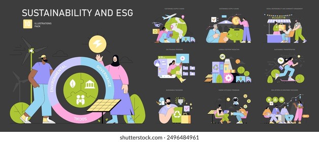 Nachhaltigkeit und ESG-Set. Verschiedene Menschen engagieren sich für grüne Praktiken und Maßnahmen zur Förderung der unternehmerischen Verantwortung. Erneuerbare Energien, ethische Regierungsführung und kohlenstoffarme Wirtschaftsthemen. Vektorgrafik.