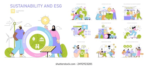 Sustainability and ESG set. Eco-friendly initiatives and corporate responsibility. Renewable energy, sustainable supply, and ethical governance. Vector illustration.