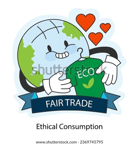Sustainability. Fair trade and ethical business. Sustainable and eco-friendly clothes. Smiley planet with cartoon face. Flat vector illustration