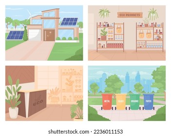 Sustainability flat color vector illustrations set. Ecology care. Fully editable 2D simple cartoon interiors and landscapes pack with scenes on background. Nerko One Regular, Bebas Neue fonts used