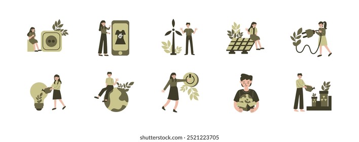 Conjunto de ilustração plano de sustentabilidade. Incluir sustentabilidade, energia eólica, ecologia, meio ambiente, energia. Ilustração vetorial isolada.