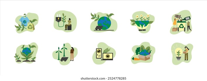 Sustainability flat illustration set. Include of carbon, clean, green, and global. Vector illustration isolated.
