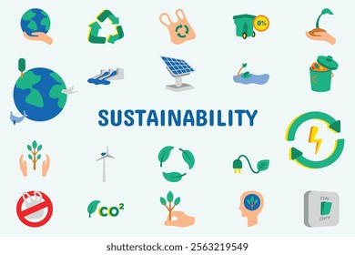 Sustainability Flat Vector Illustration Icon Sticker Set Design Materials