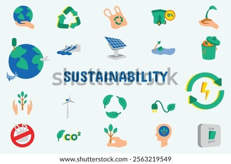 Sustainability Flat Vector Illustration Icon Sticker Set Design Materials