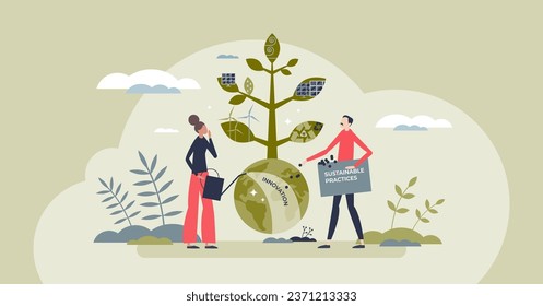 Sustentabilidad y prácticas de negocios ecológicas concepto de persona pequeña. Estrategia cooperativa de la empresa para la ilustración de vectores ecológicos, respetuosos con la naturaleza y ambientales. Energía alternativa y atención de reciclaje.