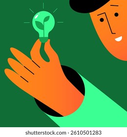 Sustainability green light bulb. Man share reduce energy. Green electricity and power save concept. Vector illustration.