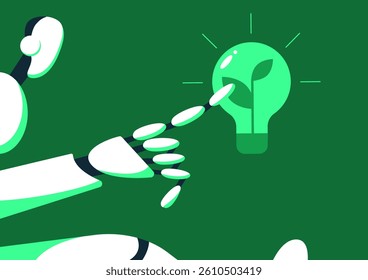 Sustainability green light bulb with robot. AI Chat Bot share reduce energy. Green electricity and power save concept. Vector illustration.