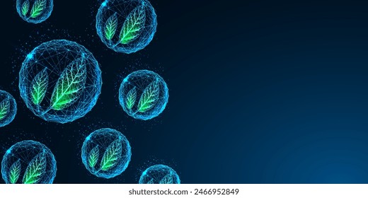 Sustainability and green technology futuristic eco-concept, transparent spheres with green leaves on dark blue background. Glowing low polygonal style. Modern abstract design vector illustration.