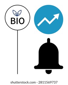 Sustainability, growth, notifications, progress, eco-friendly, environment. Icon showing bio symbol with leaves, upward trend arrow and notification bell. Sustainability and growth concept
