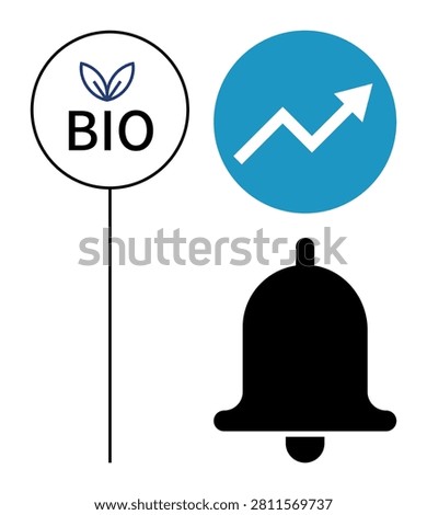 Sustainability, growth, notifications, progress, eco-friendly, environment. Icon showing bio symbol with leaves, upward trend arrow and notification bell. Sustainability and growth concept