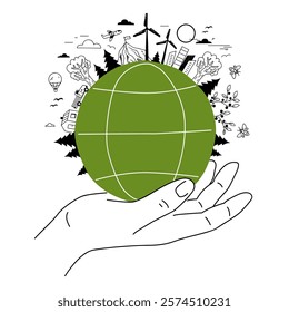 Sustainability, A hand holds a green globe with wind turbines and trees, symbolizing eco-friendly practices. Doodle style.