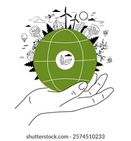 Sustainability, A hand holds a green globe with leaves, surrounded by eco-friendly doodles like wind turbines and trees. Doodle style.