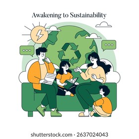 Sustainability at home encourages families to engage in eco-friendly practices. The illustration shows a family discussing green living, recycling, and sustainable habits together.