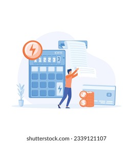 Sustainability, Home energy efficiency audit concept. Person checks heating meter and calculates household utility bill. flat vector modern illustration