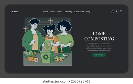 Sustainability at home focus. Families engaging in composting with fresh produce. Promoting eco-friendly practices and mindful waste management for a healthier environment. Vector illustration.
