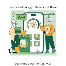 Sustainability at Home focuses on practices for improving water and energy efficiency. This illustration showcases individuals engaging with smart appliances and eco-friendly habits. Vector