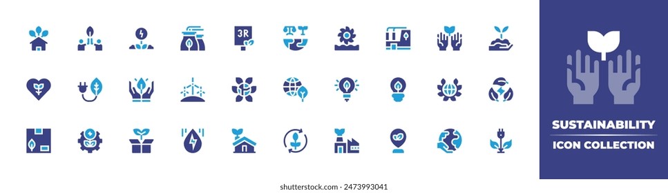 Sustainability icon collection. Duotone color. Vector illustration. Containing responsibility, sustainable, lightbulb, greenenergy, ecopackaging, greencity, energy, planetearth, ecofriendly.