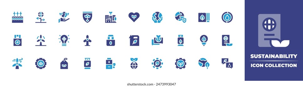 Sustainability icon collection. Duotone color. Vector illustration. Containing earth, sustainablecity, ecobattery, sustainable, sustainability, gear, ecotag, chat, recyclebag, ecofriendly, gas.