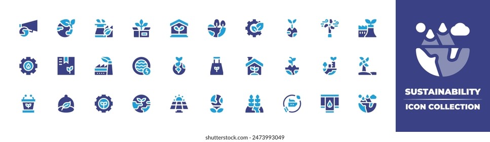 Sustainability icon collection. Duotone color. Vector illustration. Containing gear, sustainablefactory, eco, ecologic, speaker, greenhouse, waterenergy, ecohouse, package, ecologism.