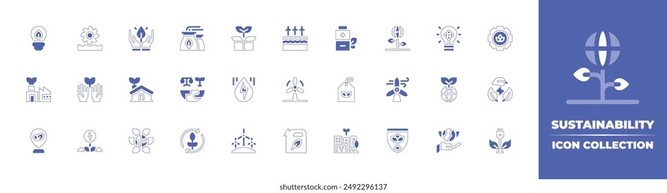 Sustainability icon collection. Duotone style line stroke and bold. Vector illustration. Containing lightbulb, greencity, sustainable, energy, ecohouse, ecologism, turbine, earth, ecofactory.