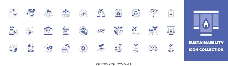 Sustainability icon collection. Duotone style line stroke and bold. Vector illustration. Containing ecologic, speaker, waterenergy, ecohouse, package, ecologism, responsible, solarpanel, industry.