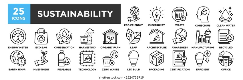 Sustainability icon collection set. Containing design ecology, sustainable, eco, nature, green