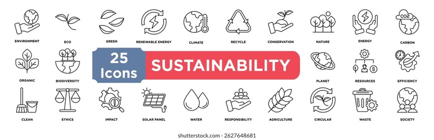 Conjunto de colecciones de iconos de sostenibilidad. Contiene el medio ambiente, el eco, el verde, el renovable, el clima, el reciclaje, la conservación, la naturaleza, la energía, el icono del carbono. Vector de línea simple.