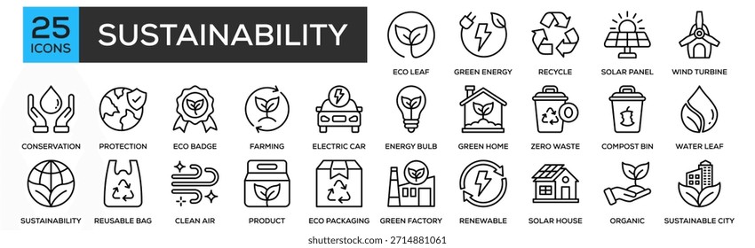 Conjunto de Colección de iconos de sostenibilidad. Conteniendo diseño de hoja ecológica, energía verde, reciclar símbolo, panel solar, turbina de viento