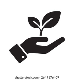 Ícone de sustentabilidade com a mão segurando uma planta um símbolo para a ecologia e cuidado ambiental um conceito para o crescimento verde e novos começos grande vetor ícone de glifo sólido