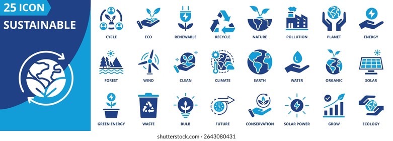 sustainability icon set collection in dual tone style. an icon pack contain pollution, ecology, green, eco, renewable, recycle, energy, planet, nature, cycle