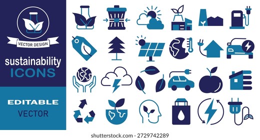 Sustainability icon set. Containing recycled, zero waste, environmental, ecological, eco, energy consumption, nature and more. Solid vector collection.