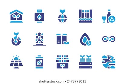 Sustainability icon set. Duotone color. Vector illustration. Containing ecology, ecohouse, sustain, ecologic, planetearth, ecobattery, solarpanel, greenhouse, hydroelectricdam, biomassenergy.