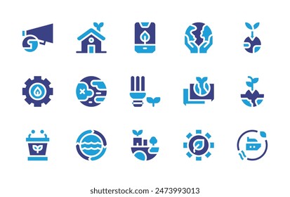 Sustainability icon set. Duotone color. Vector illustration. Containing sustainable, earth, eco, speaker, phone, motherearthday, sustainabletravel, responsible, ecohouse, gear, chat, sprout.