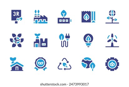 Conjunto de iconos de sostenibilidad. Color duotono. Ilustración vectorial. Contiene eco, ecohouse, engranaje, ecología, recompensa, batería, natural, alambre, señalización, energía eólica, tierra, reciclaje, industria, bombilla.