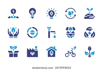 Sustainability icon set. Duotone color. Vector illustration. Containing sustainable, sustainability, greenfactory, recycling, ecology, sustainabletravel, energy, greenenergy, lightbulb, faucet.