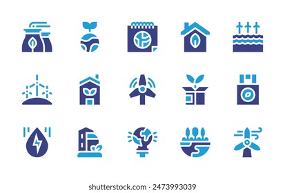 Sustainability icon set. Duotone color. Vector illustration. Containing ecohome, sustainablehome, trees, factory, greenenergy, greenlogistics, earth, windfarm, windmill, windturbine, greencity.