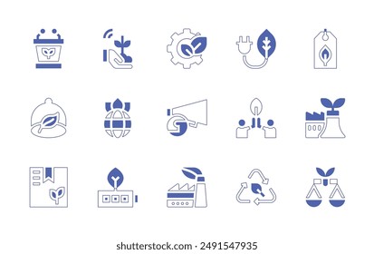 Sustainability icon set. Duotone style line stroke and bold. Vector illustration. Containing responsibility, sustainablefactory, ecofactory, speaker, law, ecologism, eco, battery, world, package.