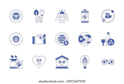 Sustainability icon set. Duotone style line stroke and bold. Vector illustration. Containing greenenergy, sustainable, sustain, sustainabletravel, ecobattery, glassrecycling.