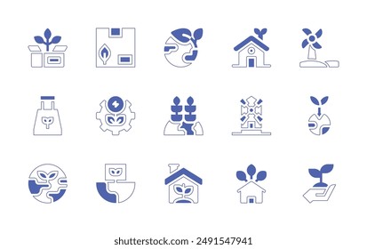 Conjunto de iconos de sostenibilidad. Trazo de línea de estilo duotono y negrita. Ilustración vectorial. Conteniendo sustentabilidad, invernadero, día de la madre tierra, ecohouse, crecimiento, arquitectura y ciudad.