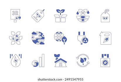 Sustainability icon set. Duotone style line stroke and bold. Vector illustration. Containing sustainabledevelopment, recycling, planetearth, ecohouse, plug, earth, hydraulicenergy.